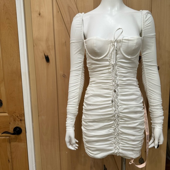 Oh Polly Fantasy Long Sleeve Ruched Sheer Dress Size 2 NWT! Lace Up Baby Doll - Picture 3 of 16